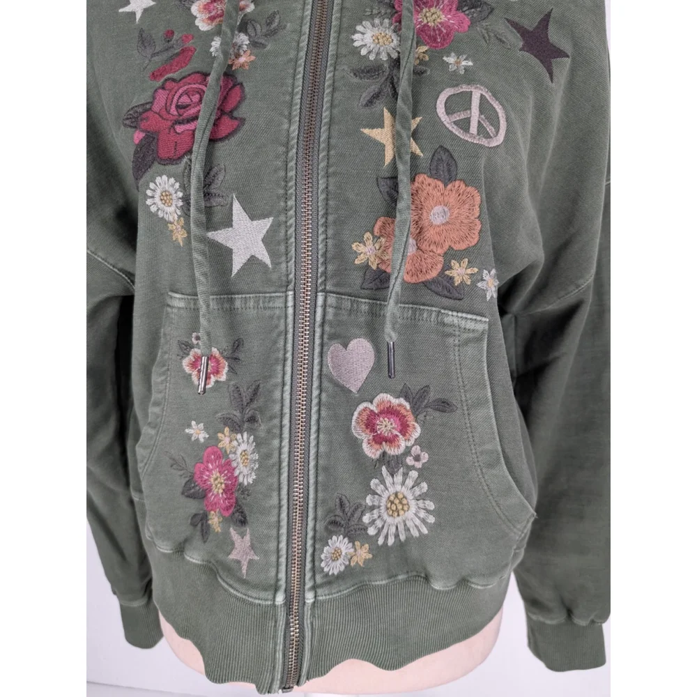 Billy T Camp Happy Green Floral Embroidered Hoodie Camp Green Sz M Hippie - Picture 6 of 12